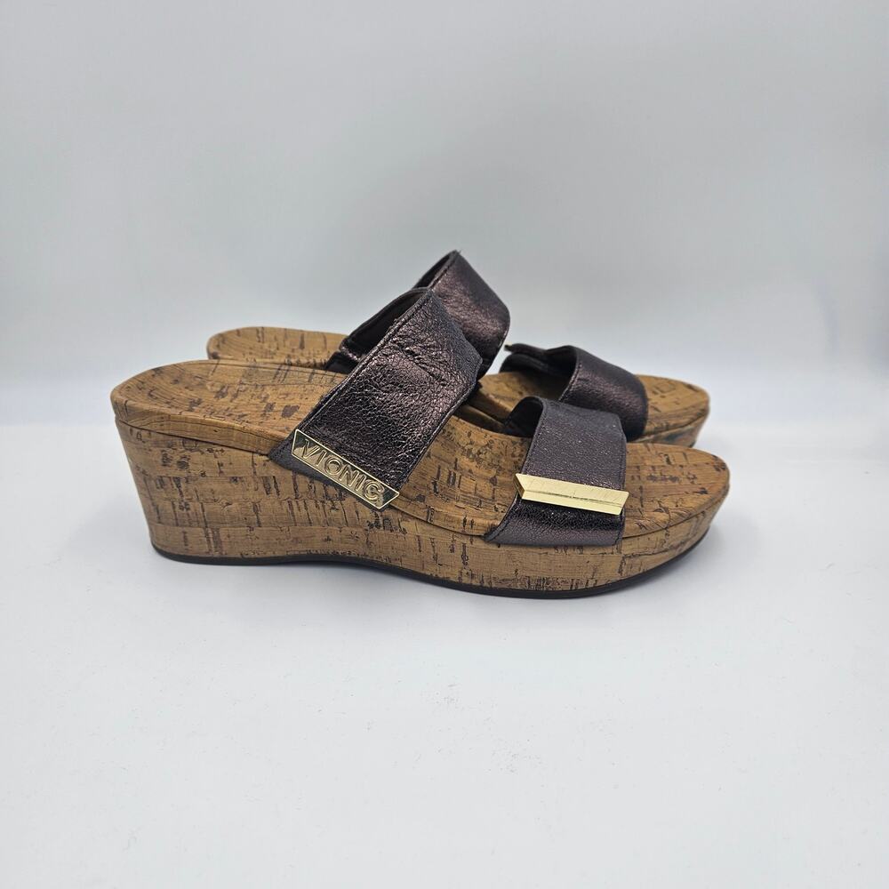 Vionic Womens 7 Pepper Metallic Wedge Sandals‎ Cork Platform Orthotic Brown
